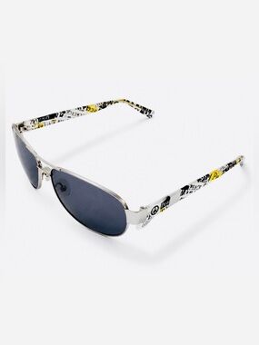 New Wave Silver Aviator Sunglasses Graphic Peace Print Arms NWT 58-13-140